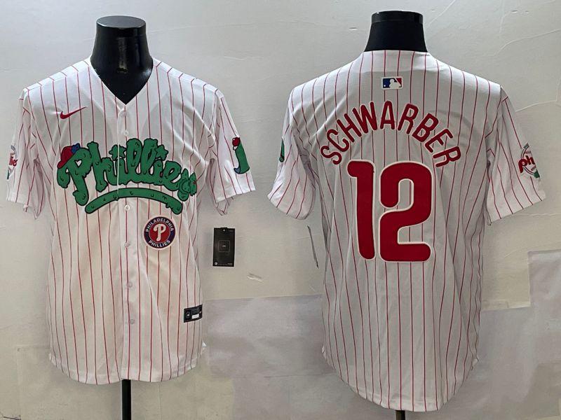 Men Philadelphia Phillies #12 Schwarber White Stripe Fourth generation Joint Name Nike 2025 MLB Jersey style 7